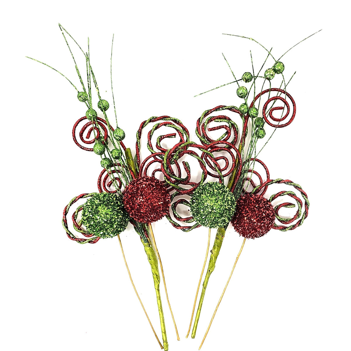 Twisted Twirl Red and Green Glitter Picks Tinsel Ball Floral Stems